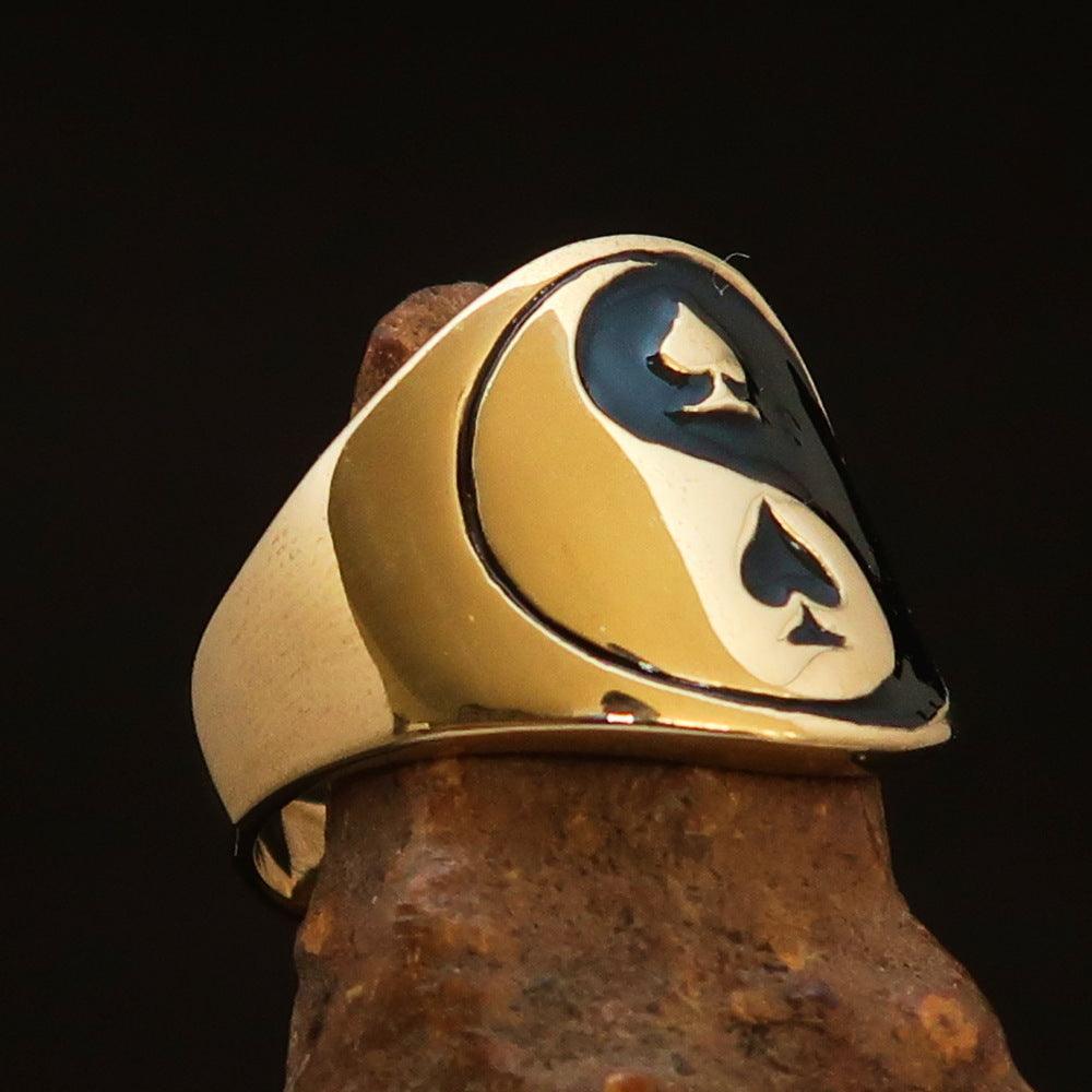 Men's black Spades Yin Yang Poker Ring made of solid brass with a high polished enamel finish, showcasing a unique design.