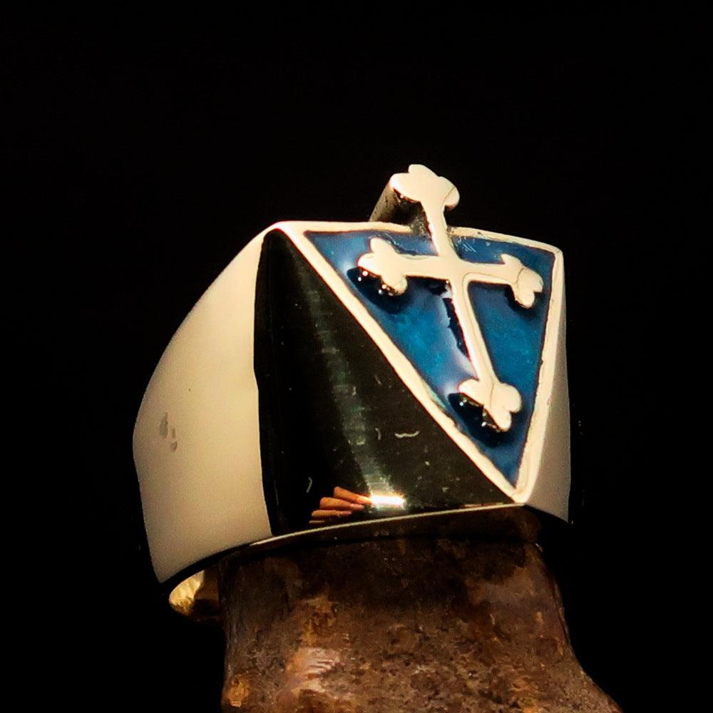 Men's blue Coptic Rose Cross Ring made of solid brass with high polished finish and blue enamel detailing.