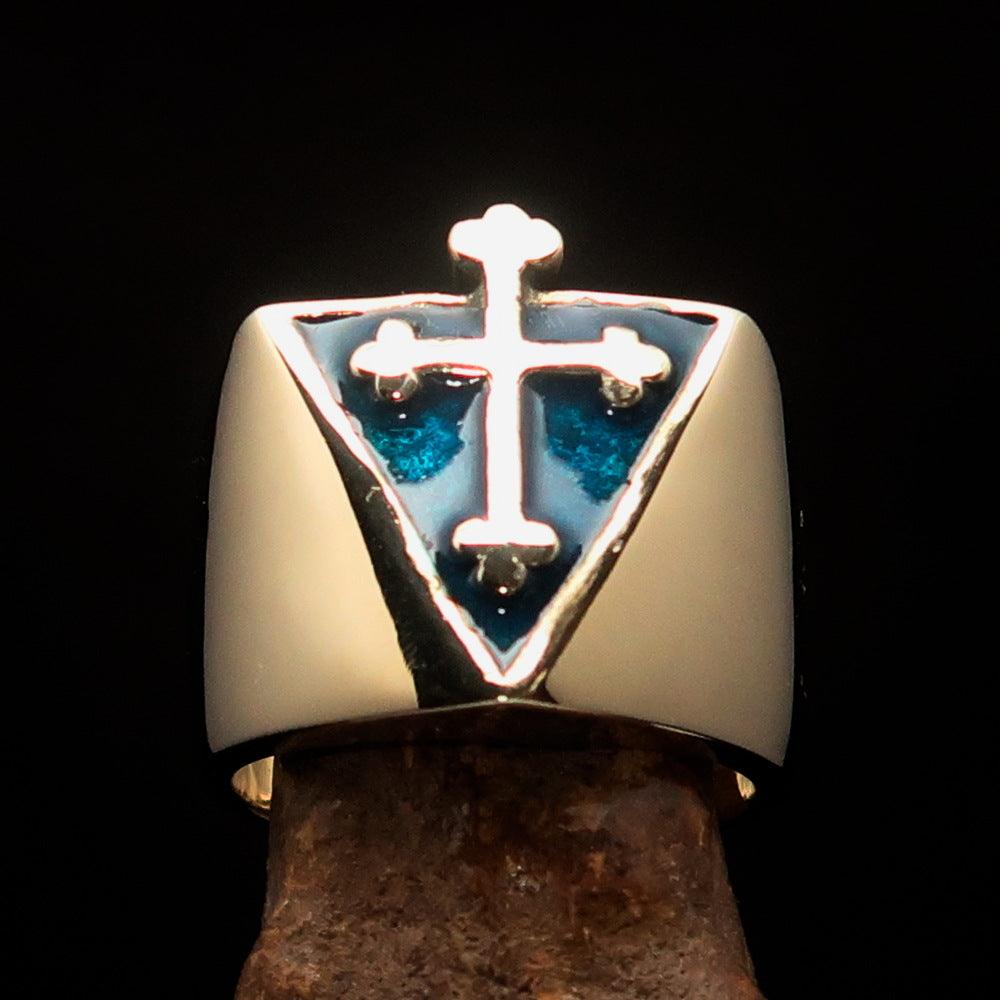 Men's blue Coptic Rose Cross Ring made of solid brass with high polished finish and blue enamel detailing.