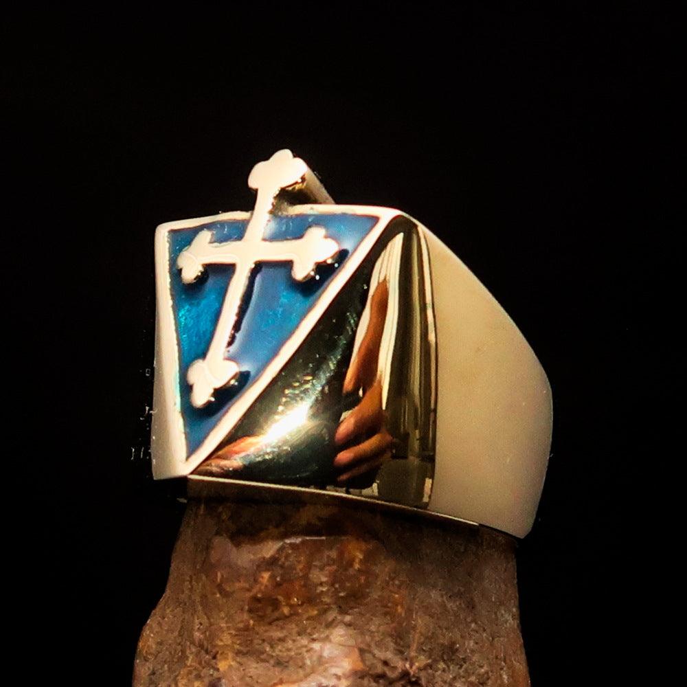 Men's blue Coptic Rose Cross Ring made of solid brass with high polished finish and blue enamel detailing.