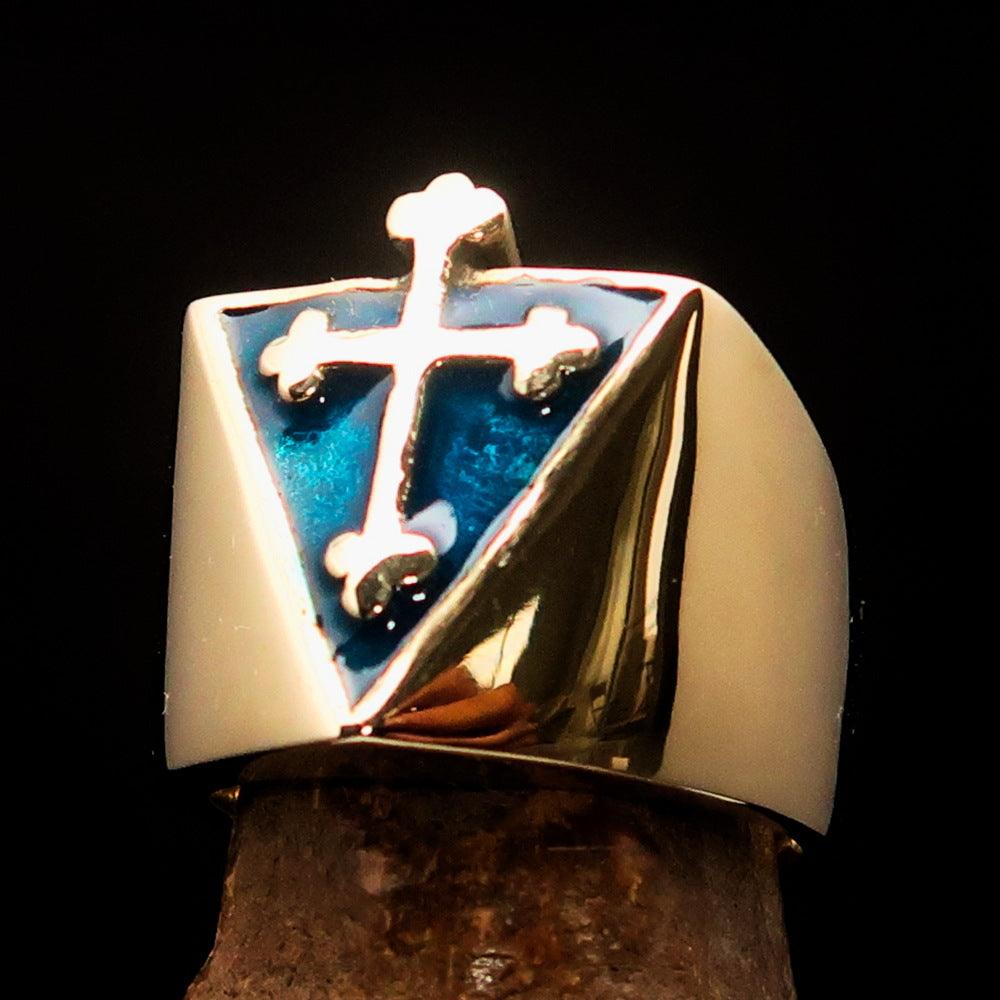 Men's blue Coptic Rose Cross Ring made of solid brass with high polished finish and blue enamel detailing.