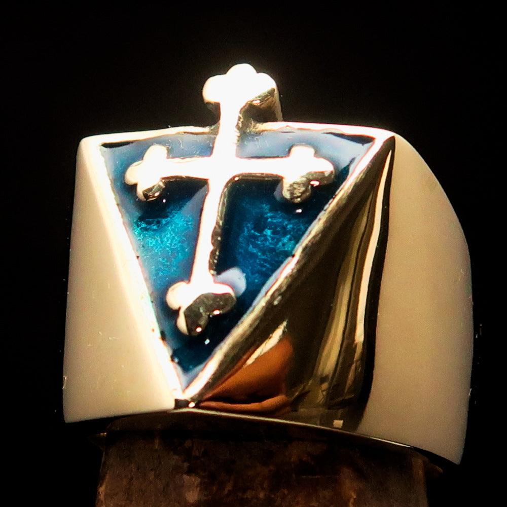 Men's blue Coptic Rose Cross Ring made of solid brass with high polished finish and blue enamel detailing.