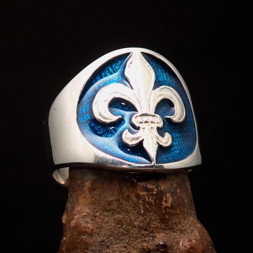 Men's Blue Fleur de Lis Seal Ring made of sterling silver with blue enamel finish, showcasing intricate design and high polish.