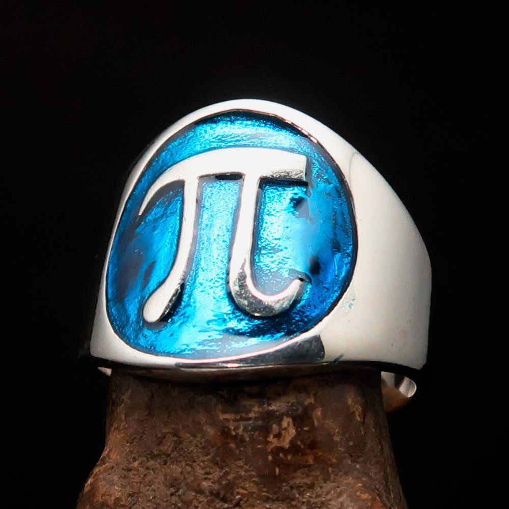 Men's blue Greek Letter PI Ring made of solid sterling silver with high polish and blue enamel finish, showcasing its elegant design.
