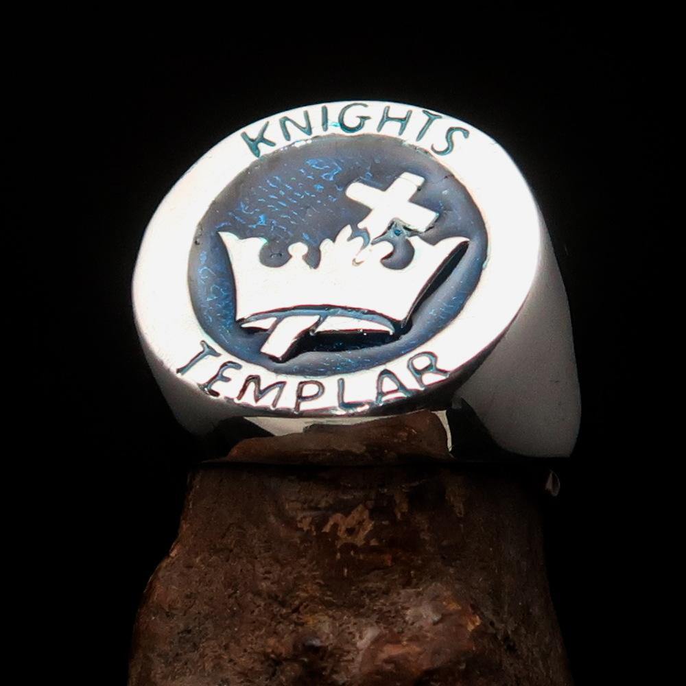Men's Blue Knights Templar Ring made of solid sterling silver with blue enamel, featuring a cross and crown design.