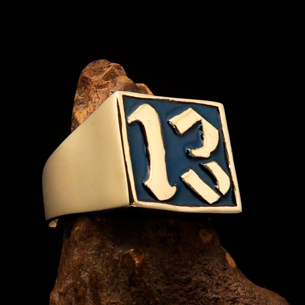 Men's blue lucky number 13 biker ring made of solid brass with a mirror polished finish and blue enamel.