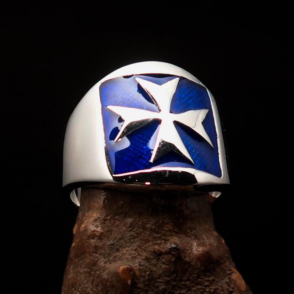 Men's blue Maltese Cross Biker Ring made of high polished sterling silver with vibrant blue enamel detailing.