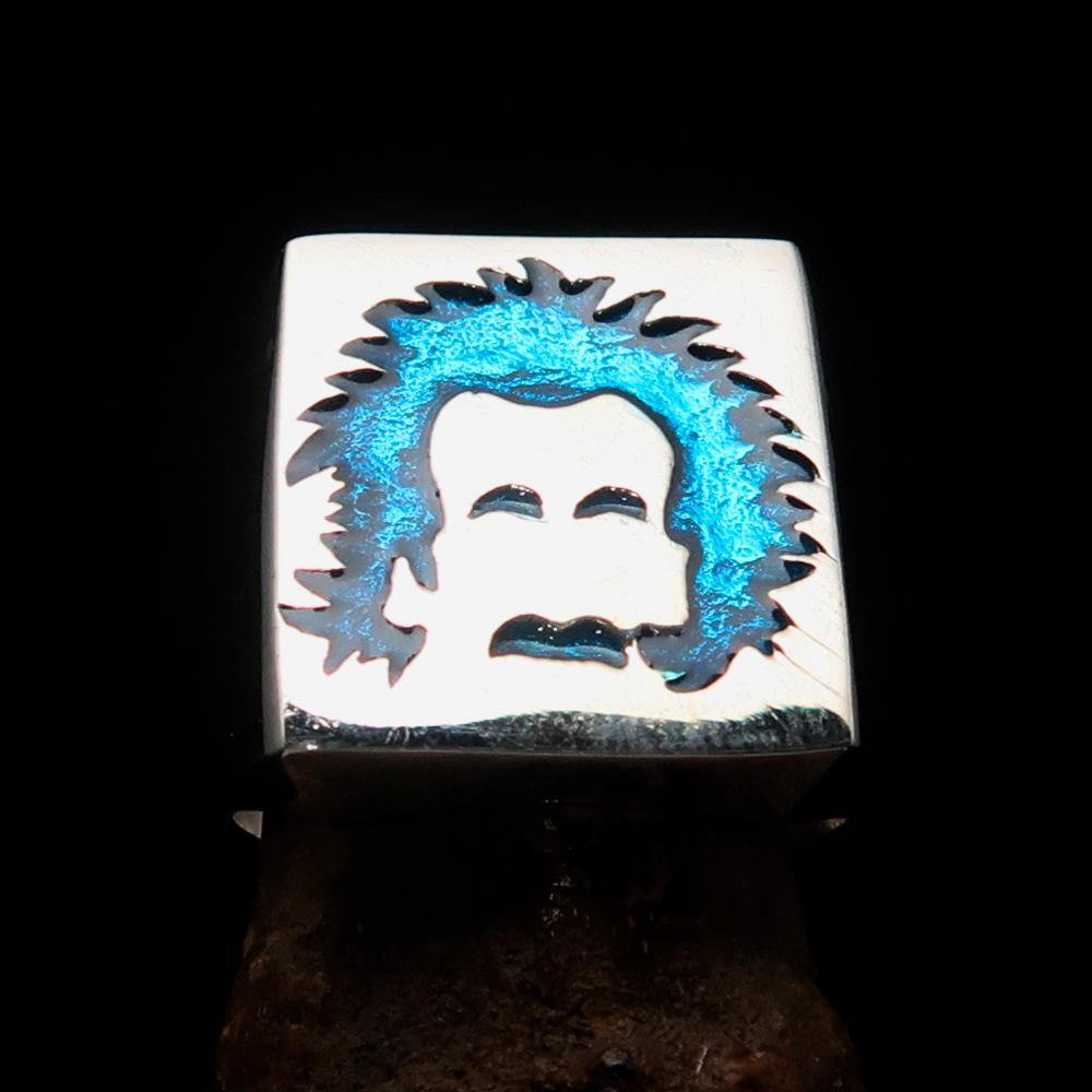 Men's Blue Man with Beard Ring made of solid sterling silver with a high polished enamel finish, showcasing a unique design.