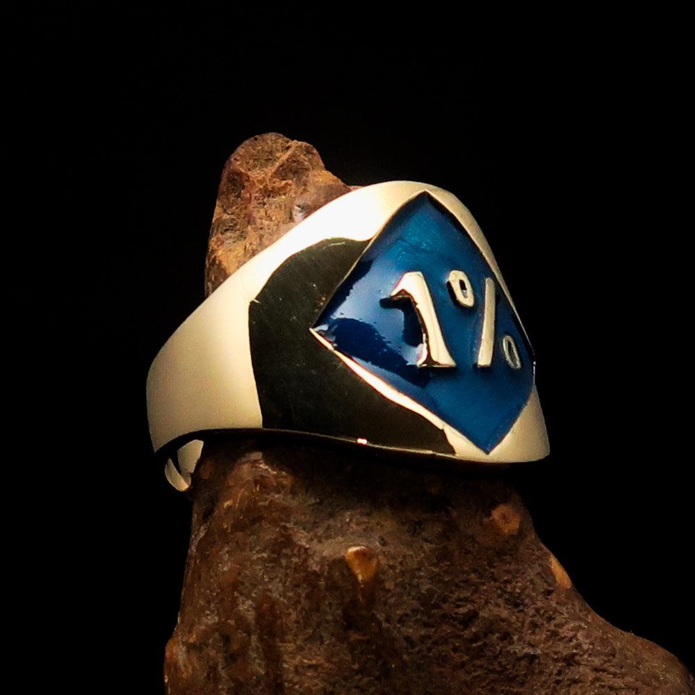 Men's blue Outlaw Biker Ring made of solid brass with high polish and blue enamel finish, featuring diamond accents.