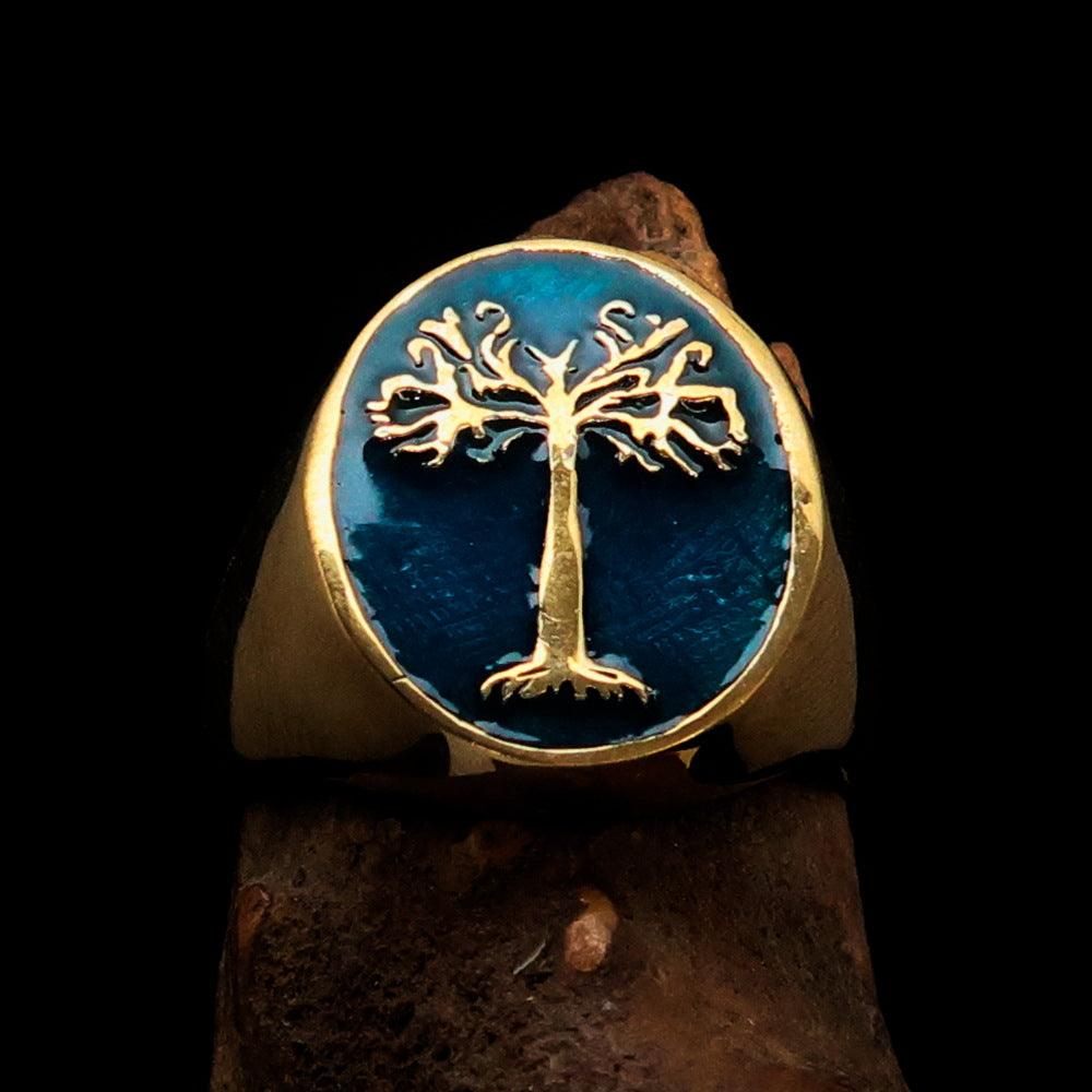 Men's blue oval Tree of Life pinky ring made of solid brass with high polished finish and blue enamel.