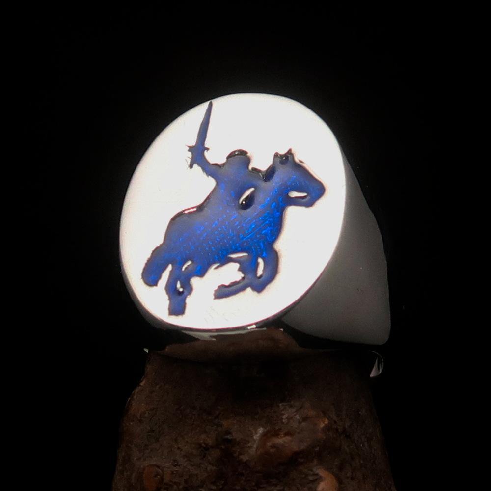 Men's Blue Riding Knight Ring made of solid sterling silver with blue enamel, showcasing a polished finish and intricate knight design.