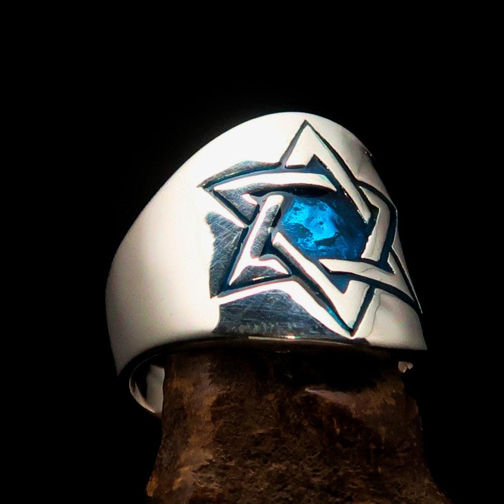 Men's blue Star of David Hexagram Ring made of solid sterling silver with high polished finish and blue enamel.