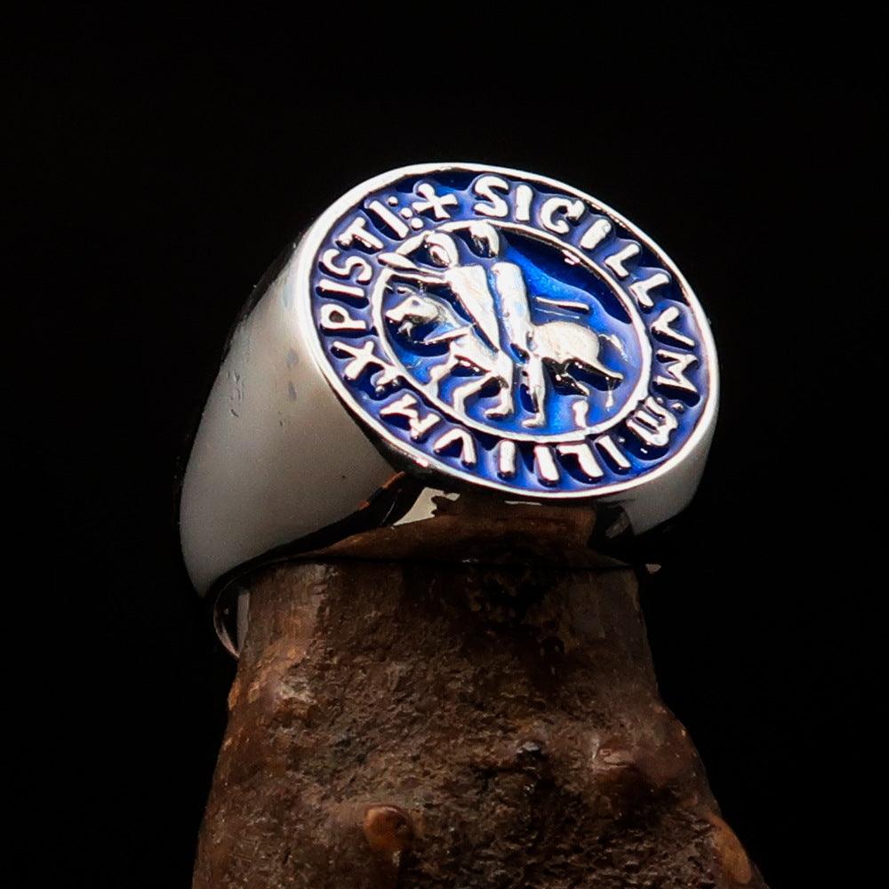 Men's blue Templar Knight Seal Ring made of solid sterling silver with high polish and blue enamel finish, showcasing intricate design.