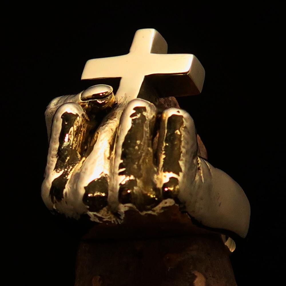 Men's Brass Atheist Ring featuring a fist and middle finger cross design, showcasing its antiqued and polished finish.