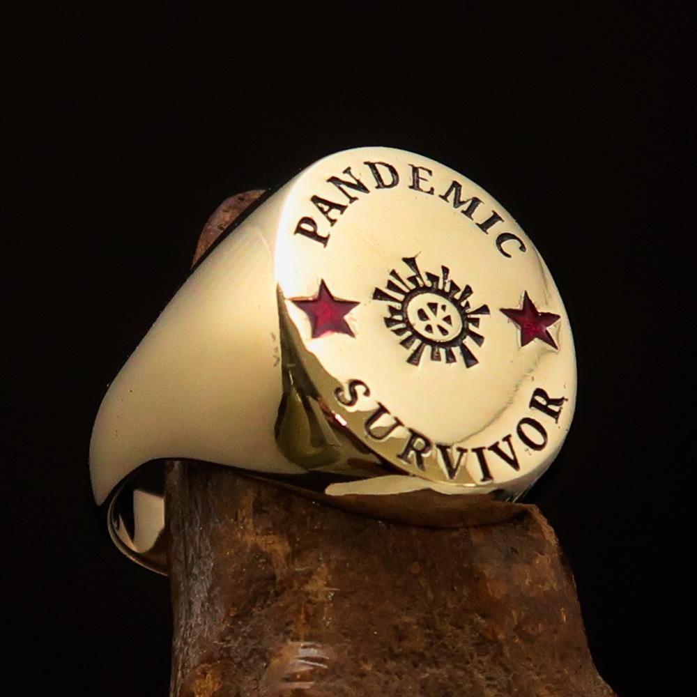 Men's Brass Costume Ring with red and black enamel, featuring RCRN logo engraving, polished finish, and custom sizing options.