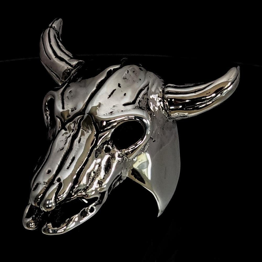 Men's Bull Skull Cowboy Ring made of solid sterling silver with an antiqued and polished finish, showcasing intricate details.
