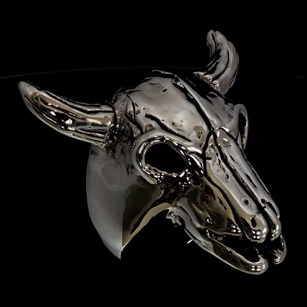 Men's Bull Skull Cowboy Ring made of solid sterling silver with an antiqued and polished finish, showcasing intricate details.