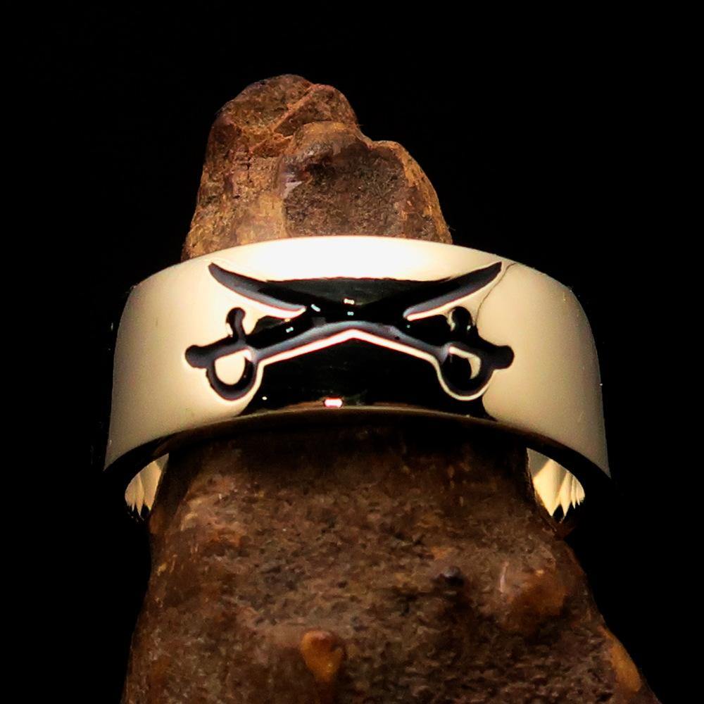 Men's Cavalry Ring featuring crossed sabers design, crafted from solid brass with a high polished finish and black enamel.