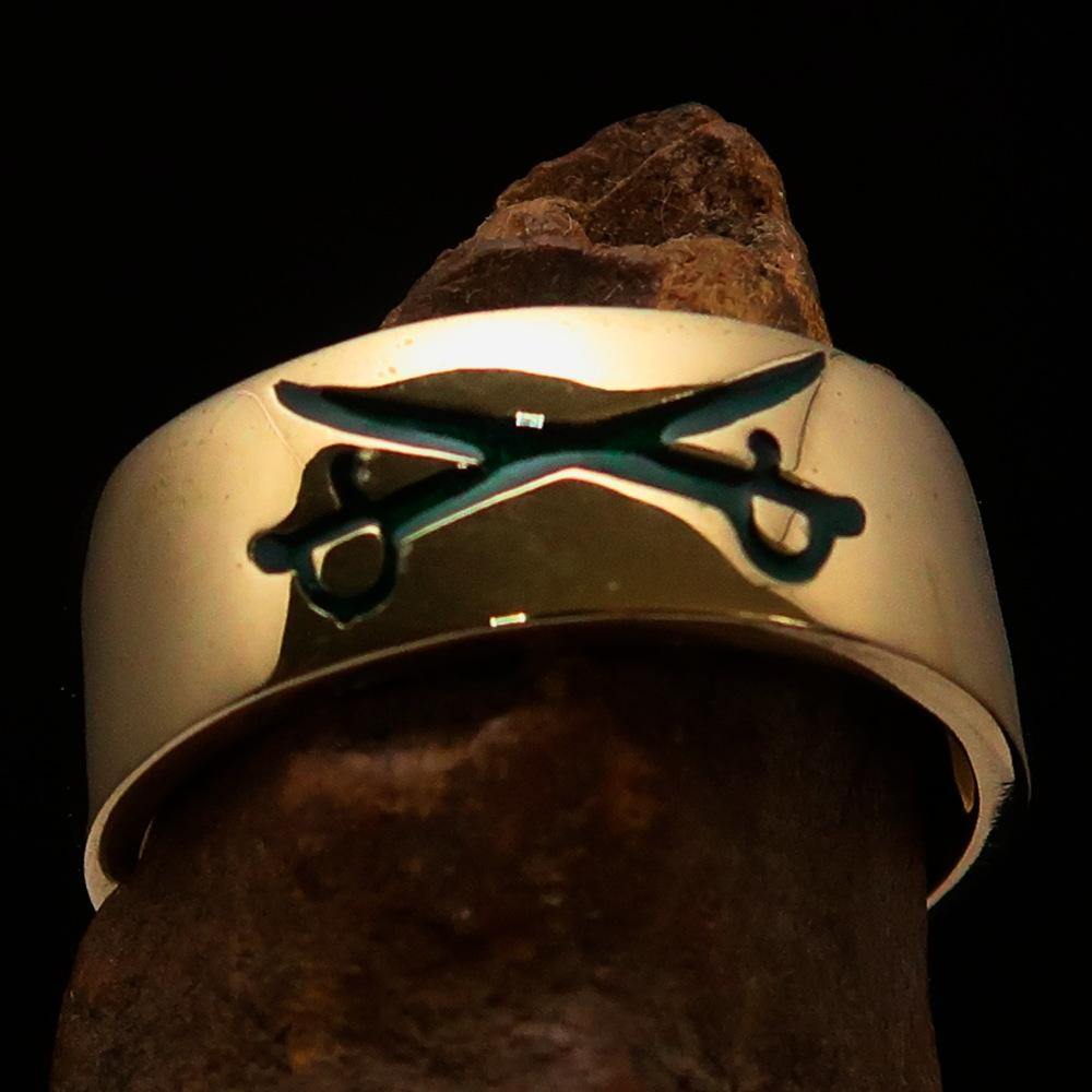Men's Cavalry Ring featuring Green Crossed Sabers design, crafted from solid brass with a high polished finish.