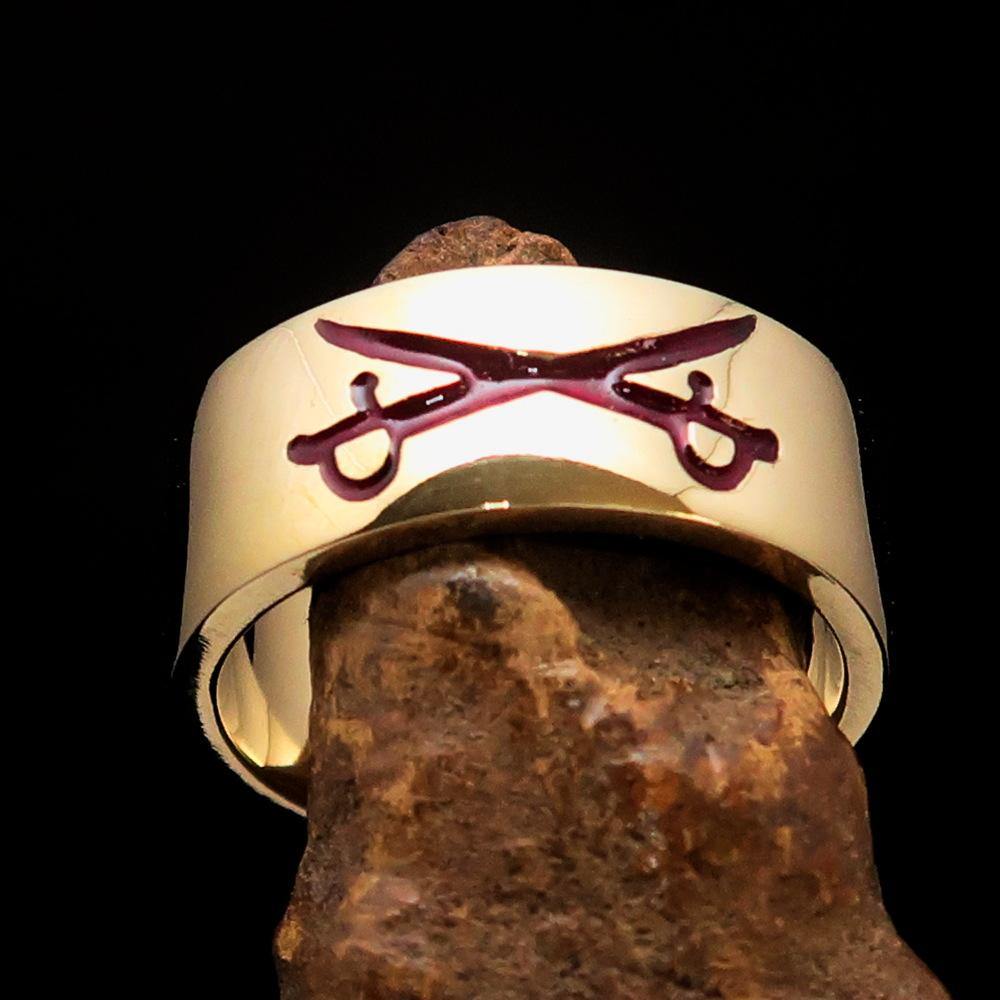 Men's Cavalry Ring featuring Red Crossed Sabers, crafted from solid brass with a high polished finish and red enamel accents.
