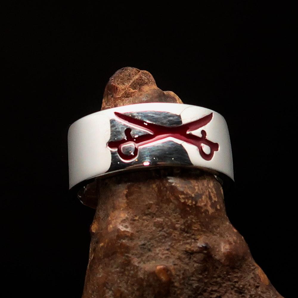 Men's Cavalry Ring in Sterling Silver featuring red Crossed Sabers design, polished finish, and hallmark 925.