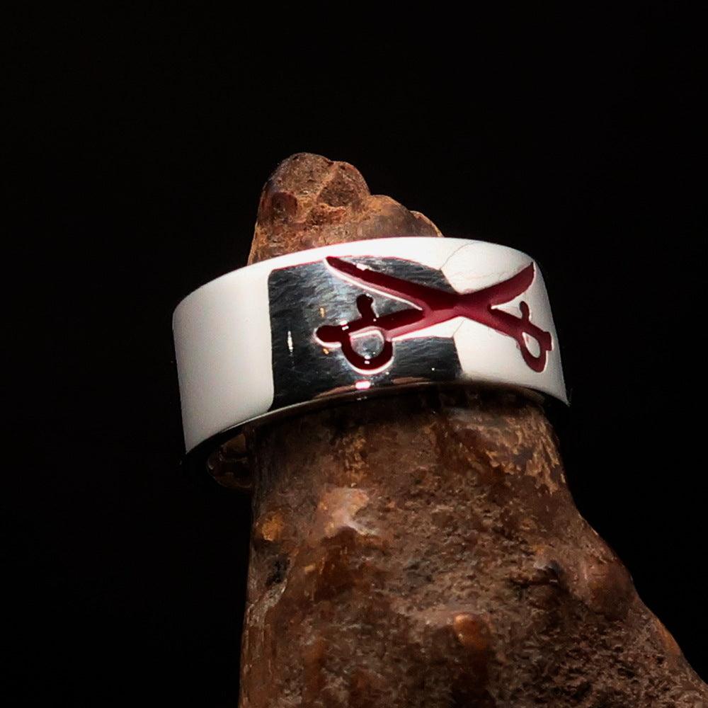 Men's Cavalry Ring in Sterling Silver featuring red Crossed Sabers design, polished finish, and hallmark 925.