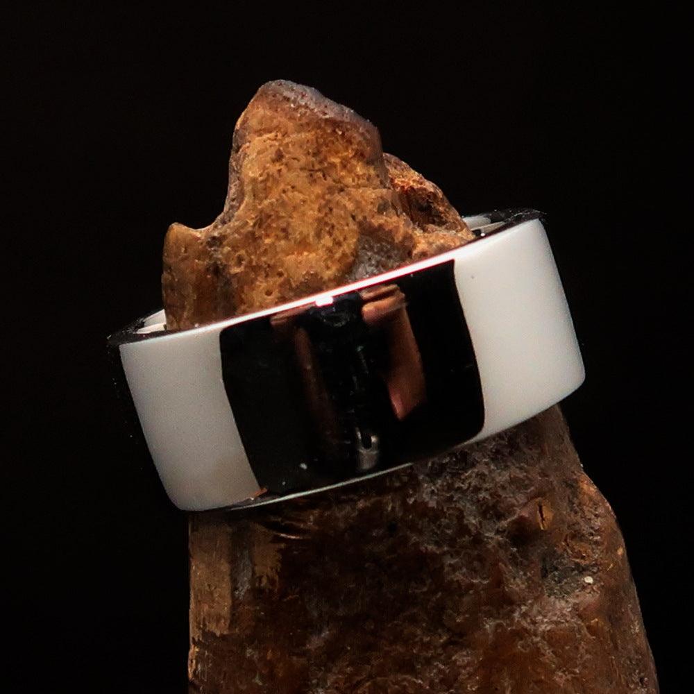 Men's Cavalry Ring in Sterling Silver featuring red Crossed Sabers design, polished finish, and hallmark 925.