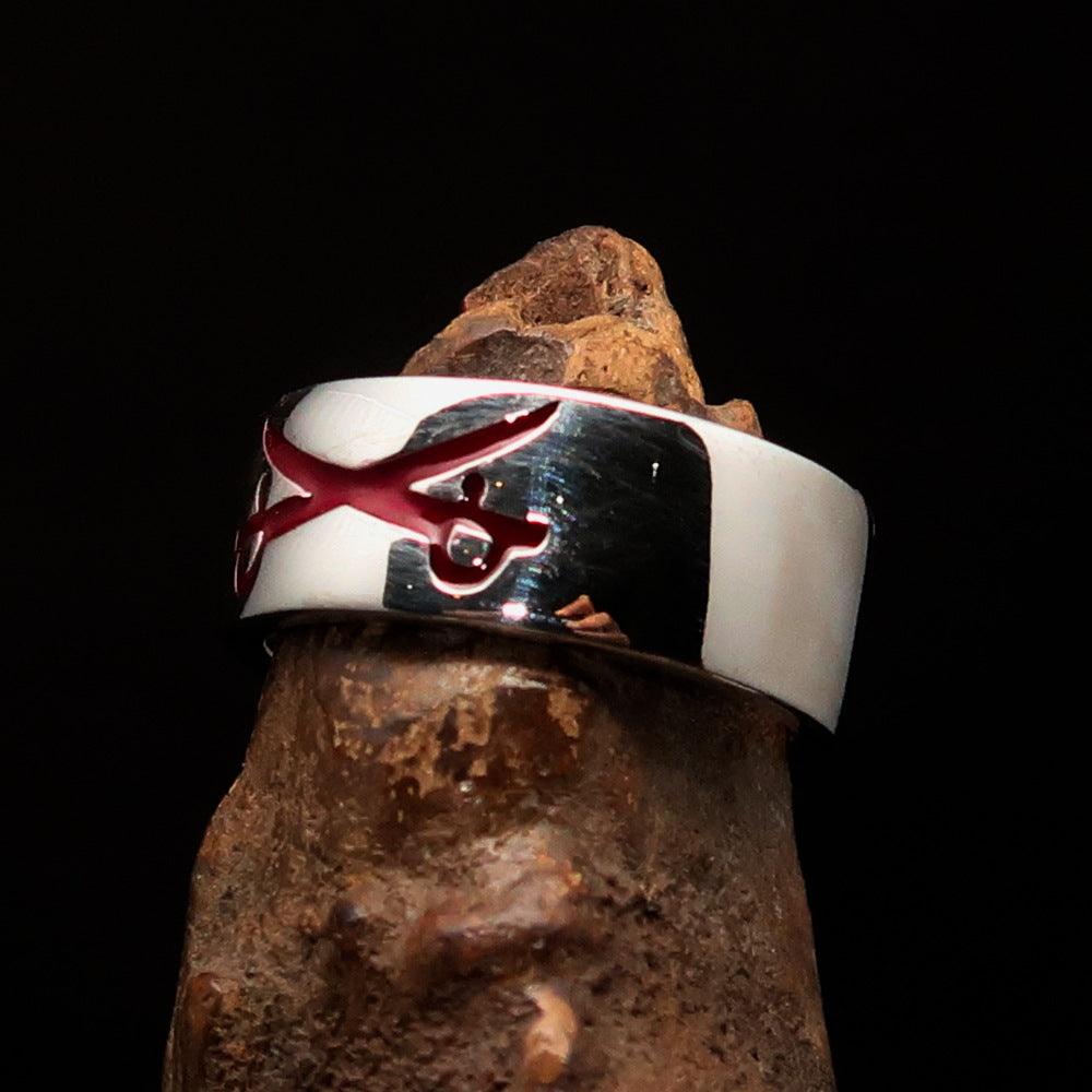 Men's Cavalry Ring in Sterling Silver featuring red Crossed Sabers design, polished finish, and hallmark 925.
