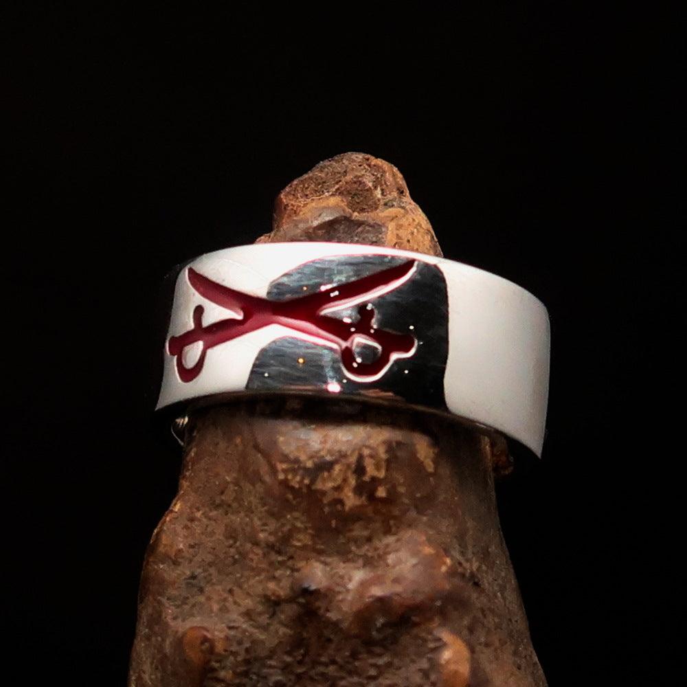 Men's Cavalry Ring in Sterling Silver featuring red Crossed Sabers design, polished finish, and hallmark 925.