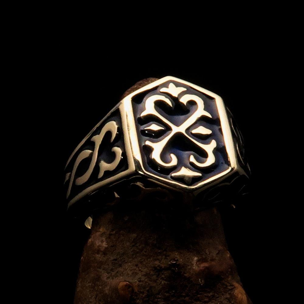 Men's Celtic Crest Ring made of solid brass with a polished finish and black enamel inlay, showcasing intricate Celtic design.