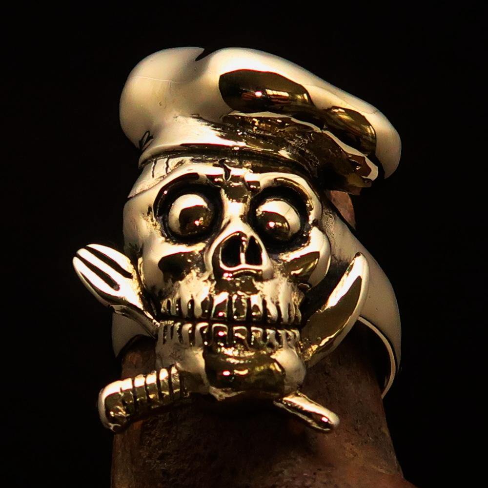 Men's Chef Skull Ring made of solid brass featuring crossed knife and fork design, antiqued and polished finish.