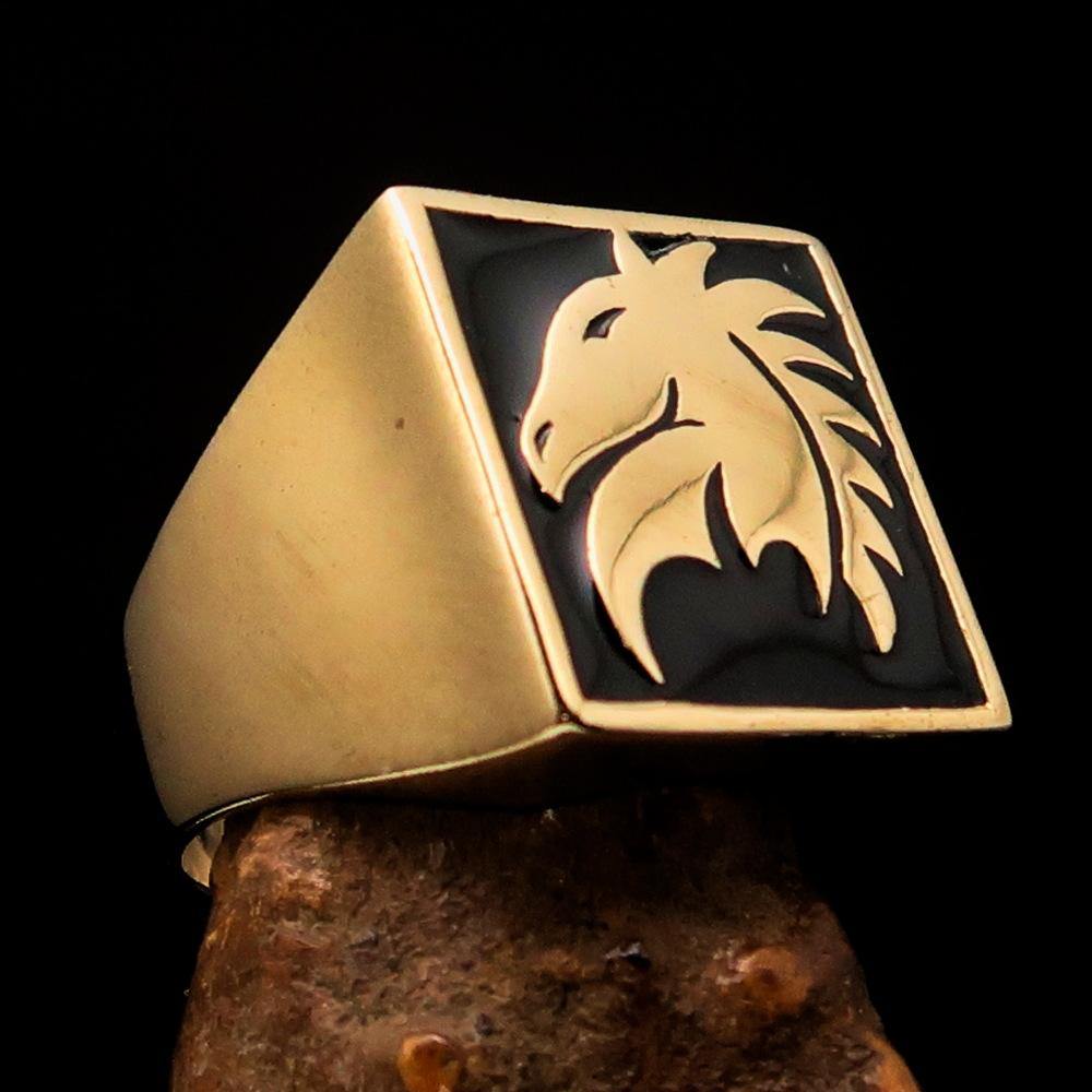 Men's Chess Ring featuring a Black Horse Head design, crafted from solid brass with a high polished finish and enamel coating.