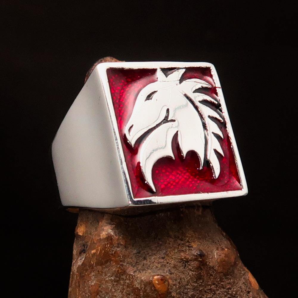 Men's Chess Ring made of sterling silver featuring a red horse head design, polished and detailed with enamel.