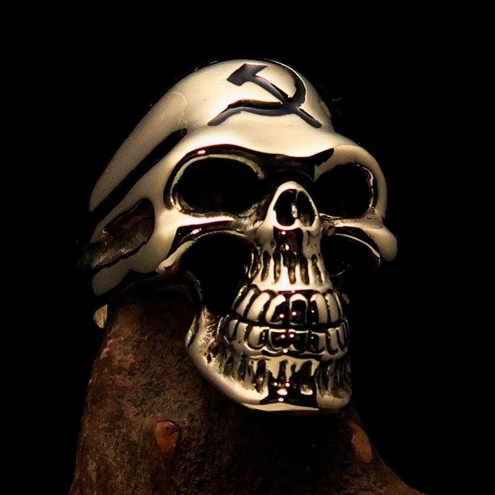 Men's Communist Skull Ring featuring Hammer and Sickle design with black enamel finish, crafted from solid brass.