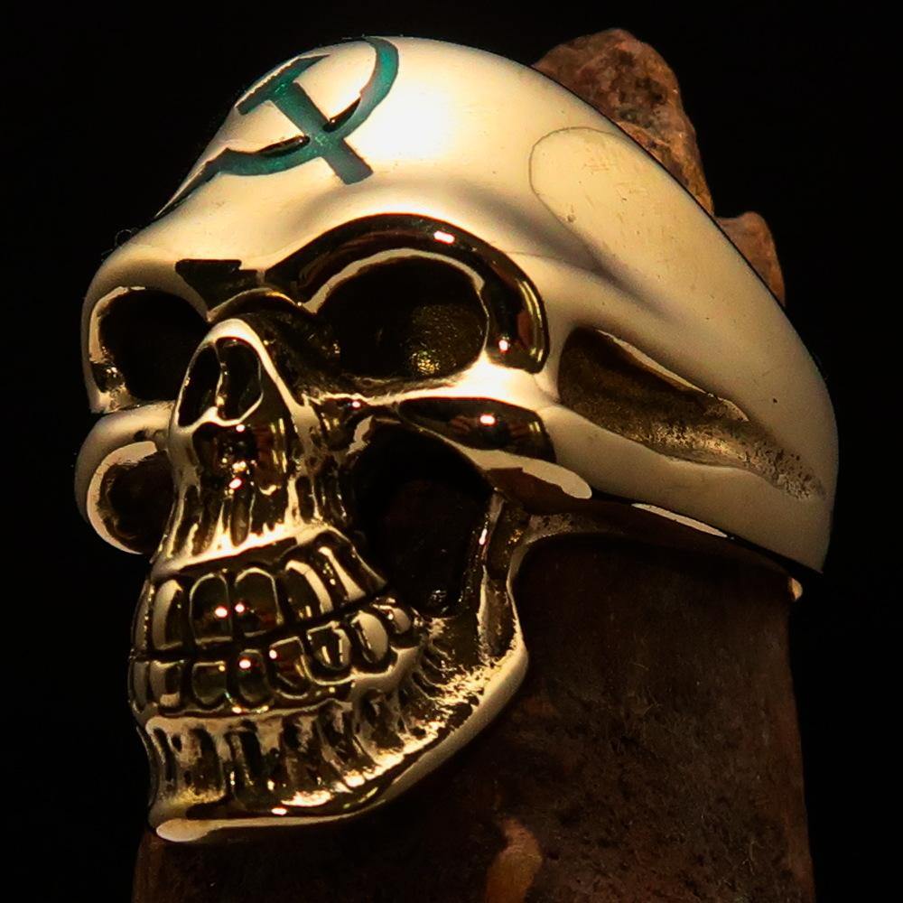 Men's Communist Skull Ring featuring Hammer and Sickle design with green enamel finish, crafted from solid brass.