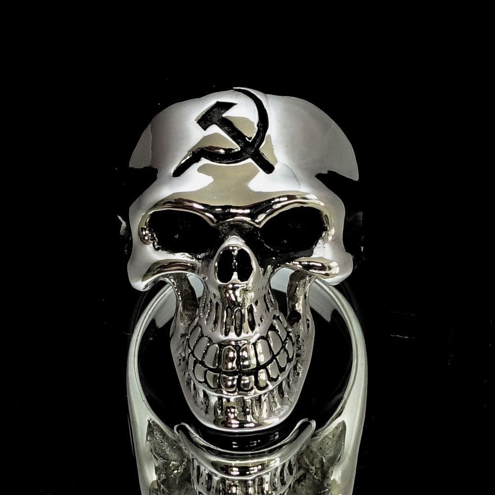 Men's Communist Skull Ring Hammer Sickle made of solid sterling silver with an antiqued and polished finish, featuring a unique skull and sickle design.