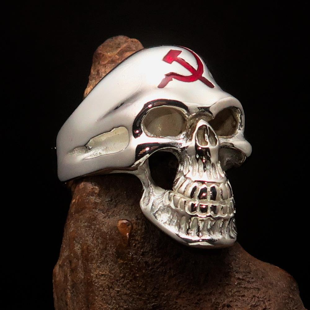 Men's Communist Skull Ring made of solid sterling silver with red enamel hammer and sickle design, showcasing high polish and intricate details.