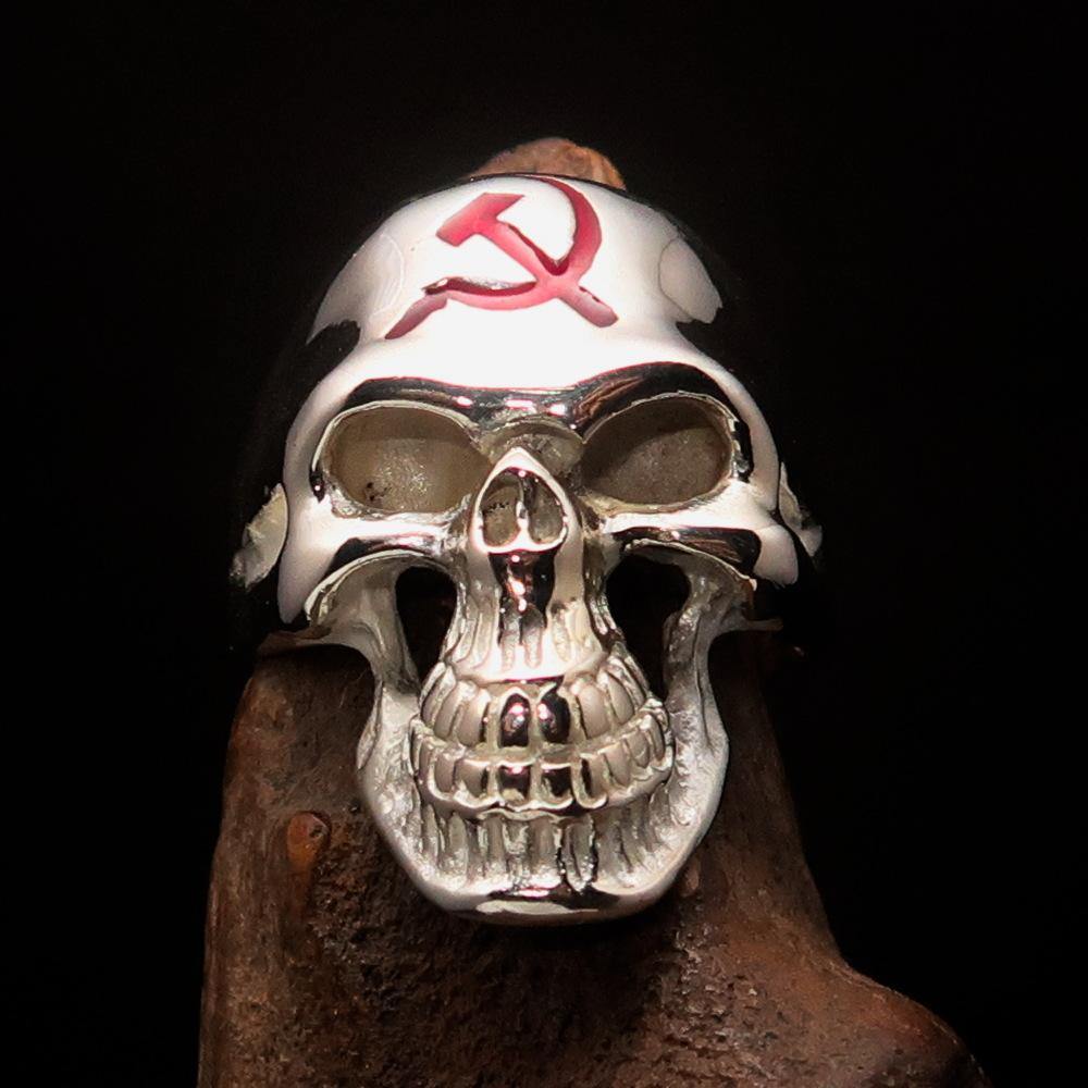Men's Communist Skull Ring made of solid sterling silver with red enamel hammer and sickle design, showcasing high polish and intricate details.