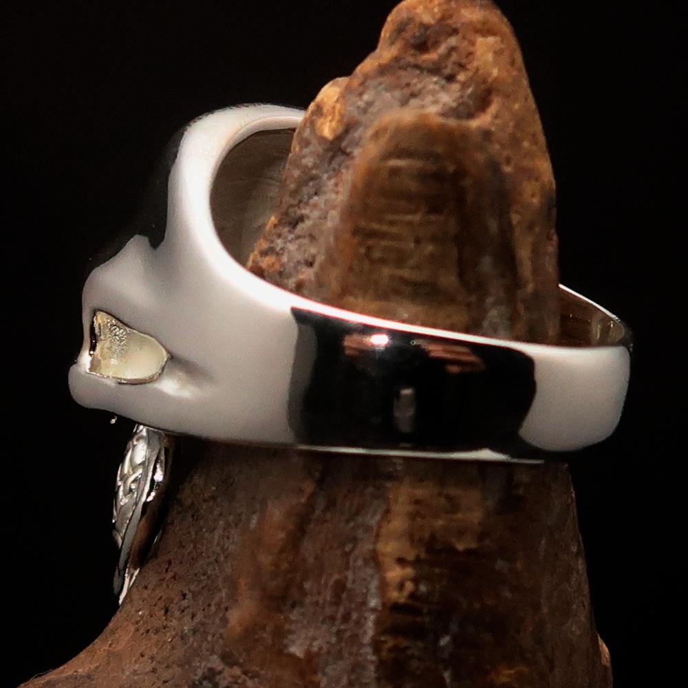 Men's Communist Skull Ring made of solid sterling silver with red enamel hammer and sickle design, showcasing high polish and intricate details.