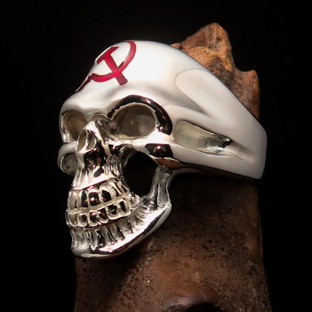 Men's Communist Skull Ring made of solid sterling silver with red enamel hammer and sickle design, showcasing high polish and intricate details.