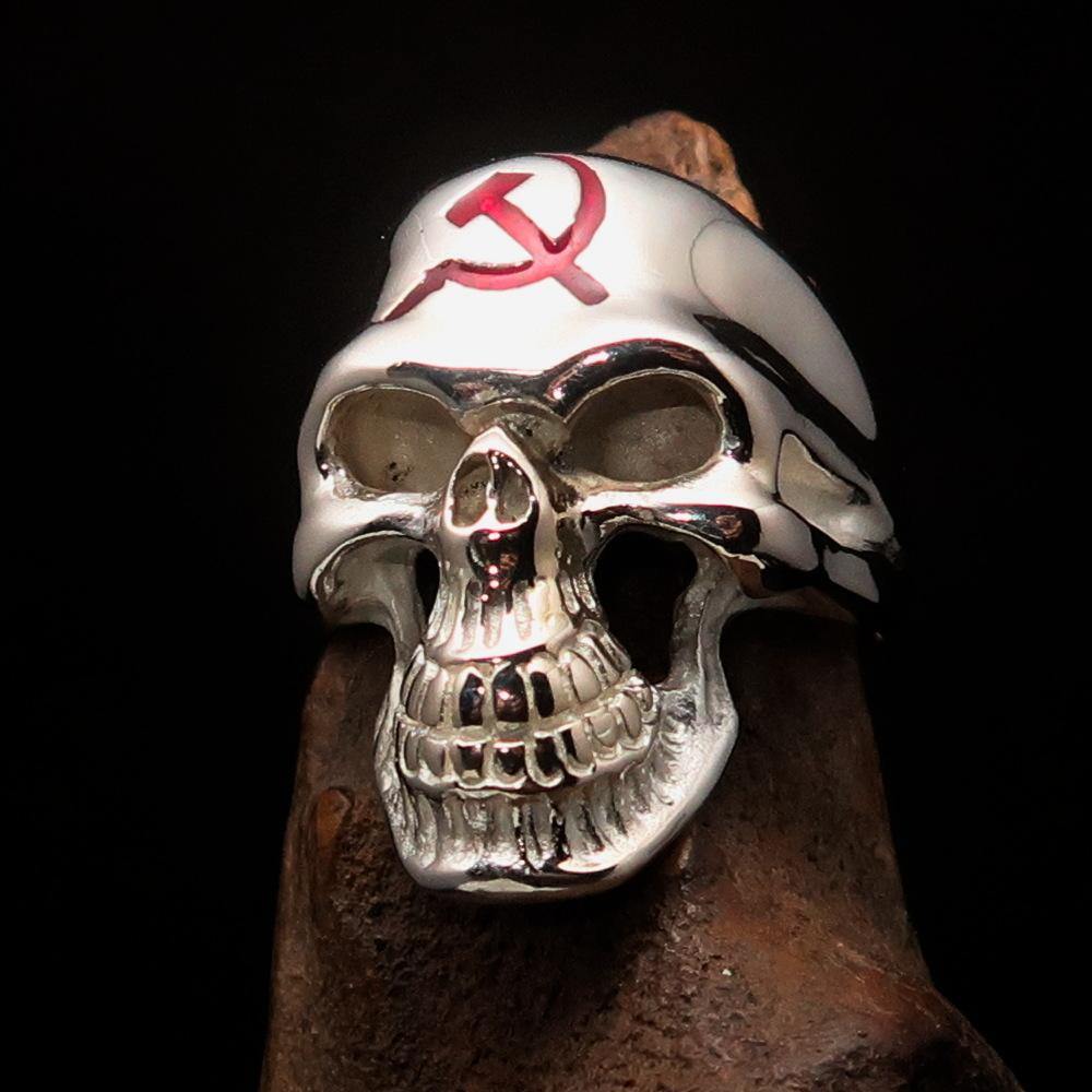 Men's Communist Skull Ring made of solid sterling silver with red enamel hammer and sickle design, showcasing high polish and intricate details.