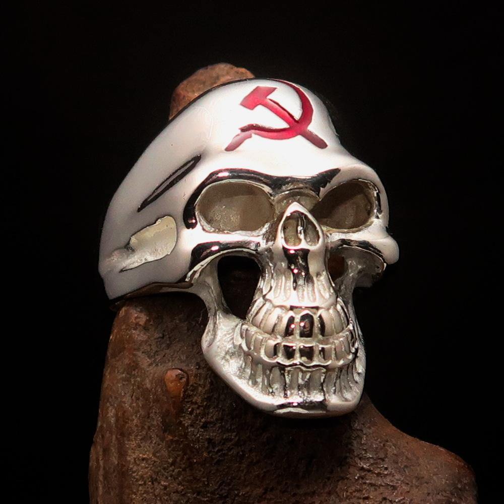 Men's Communist Skull Ring made of solid sterling silver with red enamel hammer and sickle design, showcasing high polish and intricate details.