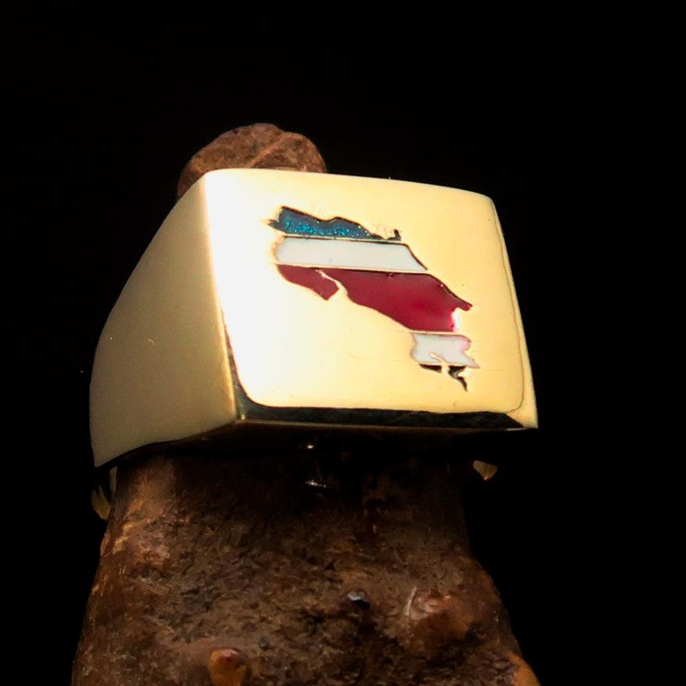 Men's Costa Rican National Flag Ring made of solid brass with high polish and enamel, featuring the RCRN logo engraved.