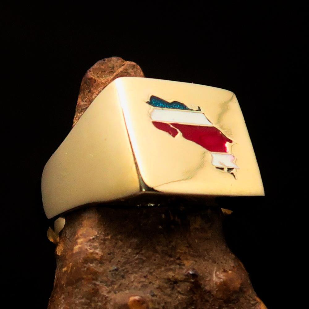 Men's Costa Rican National Flag Ring made of solid brass with high polish and enamel, featuring the RCRN logo engraved.