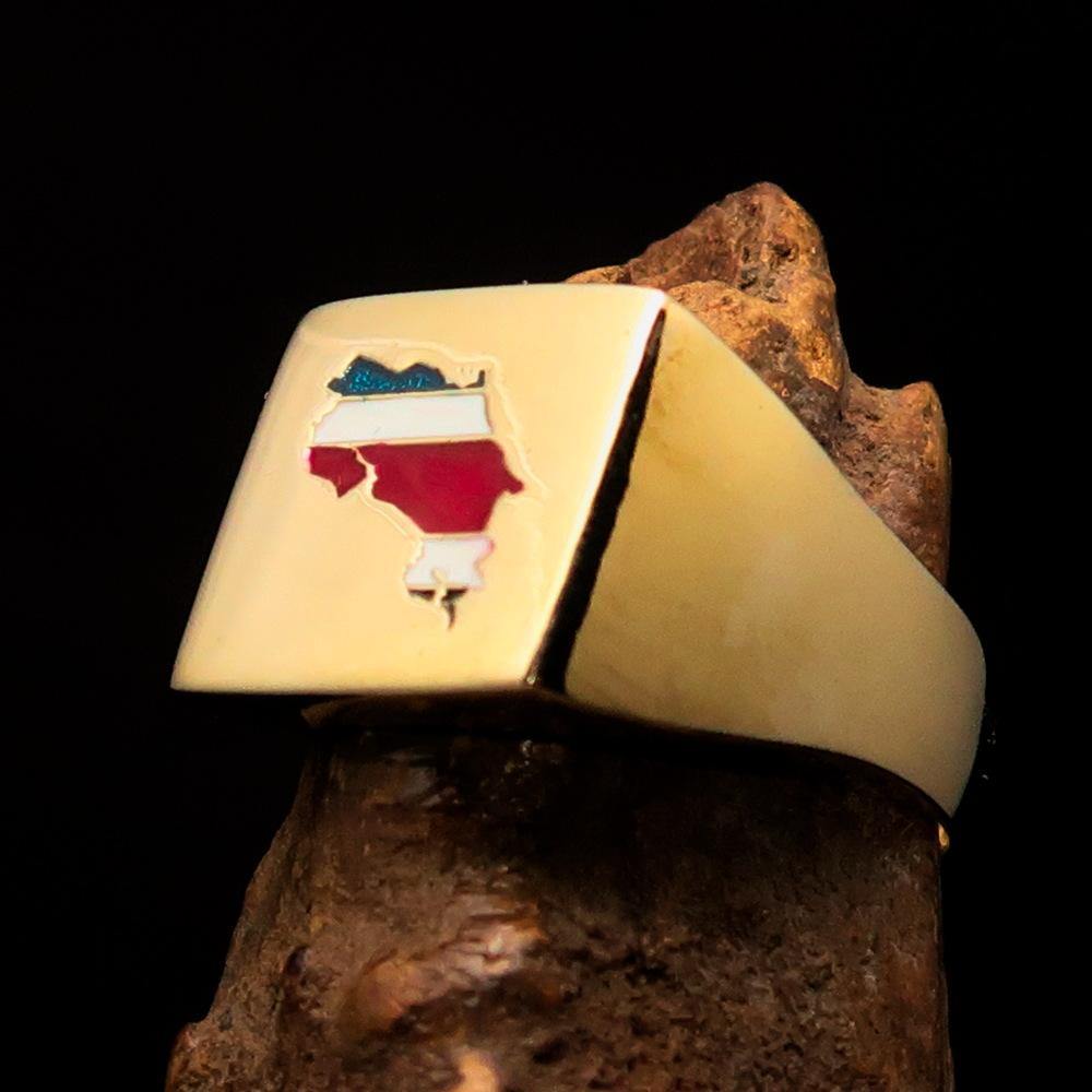 Men's Costa Rican National Flag Ring made of solid brass with high polish and enamel, featuring the RCRN logo engraved.