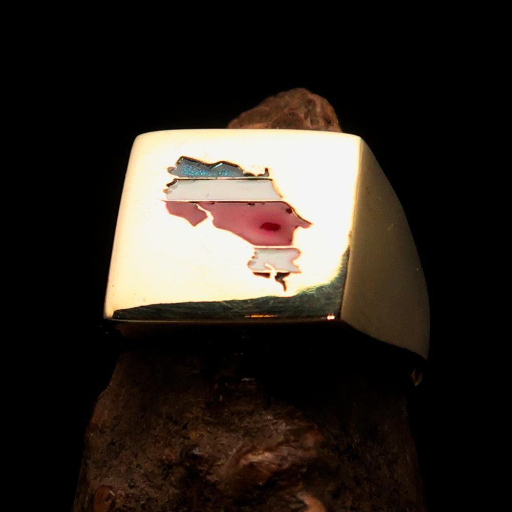 Men's Costa Rican National Flag Ring made of solid brass with high polish and enamel, featuring the RCRN logo engraved.