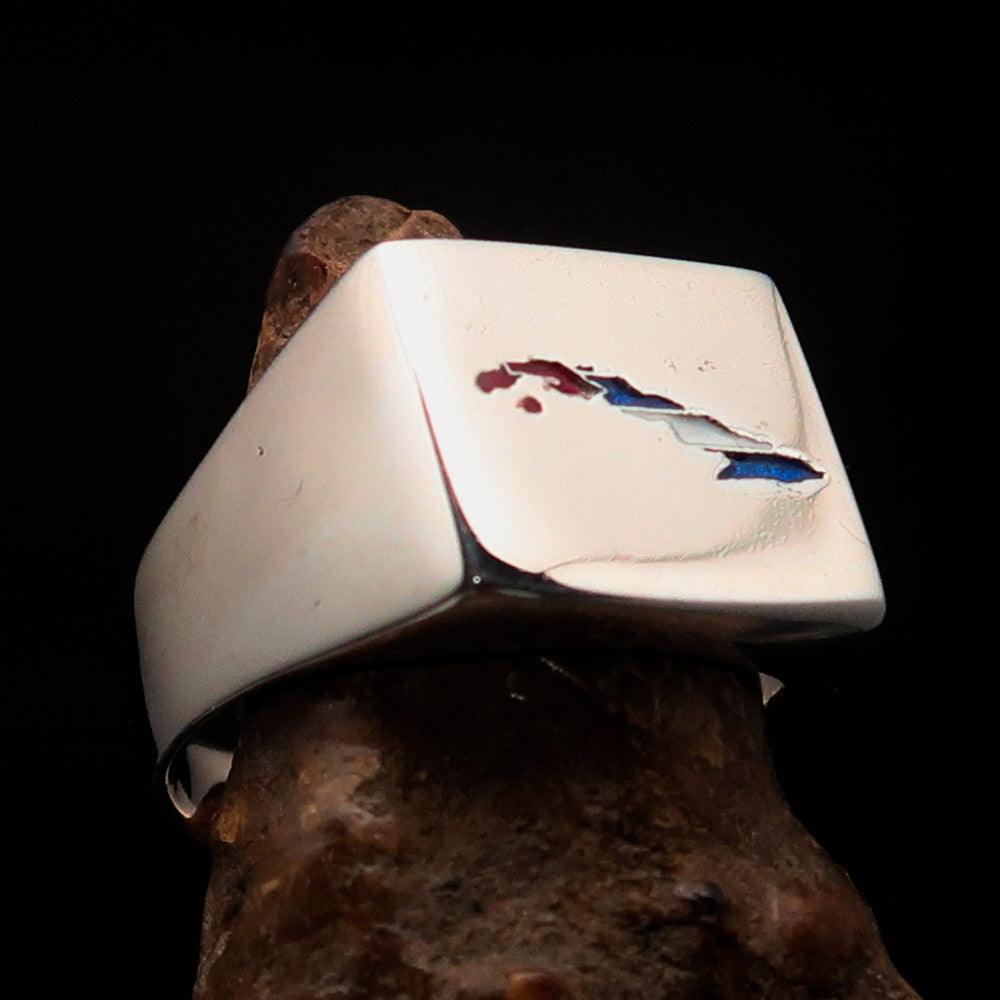 Men's Cuban Flag Ring made of high-polished sterling silver with colorful enamel, showcasing the Cuban flag design.