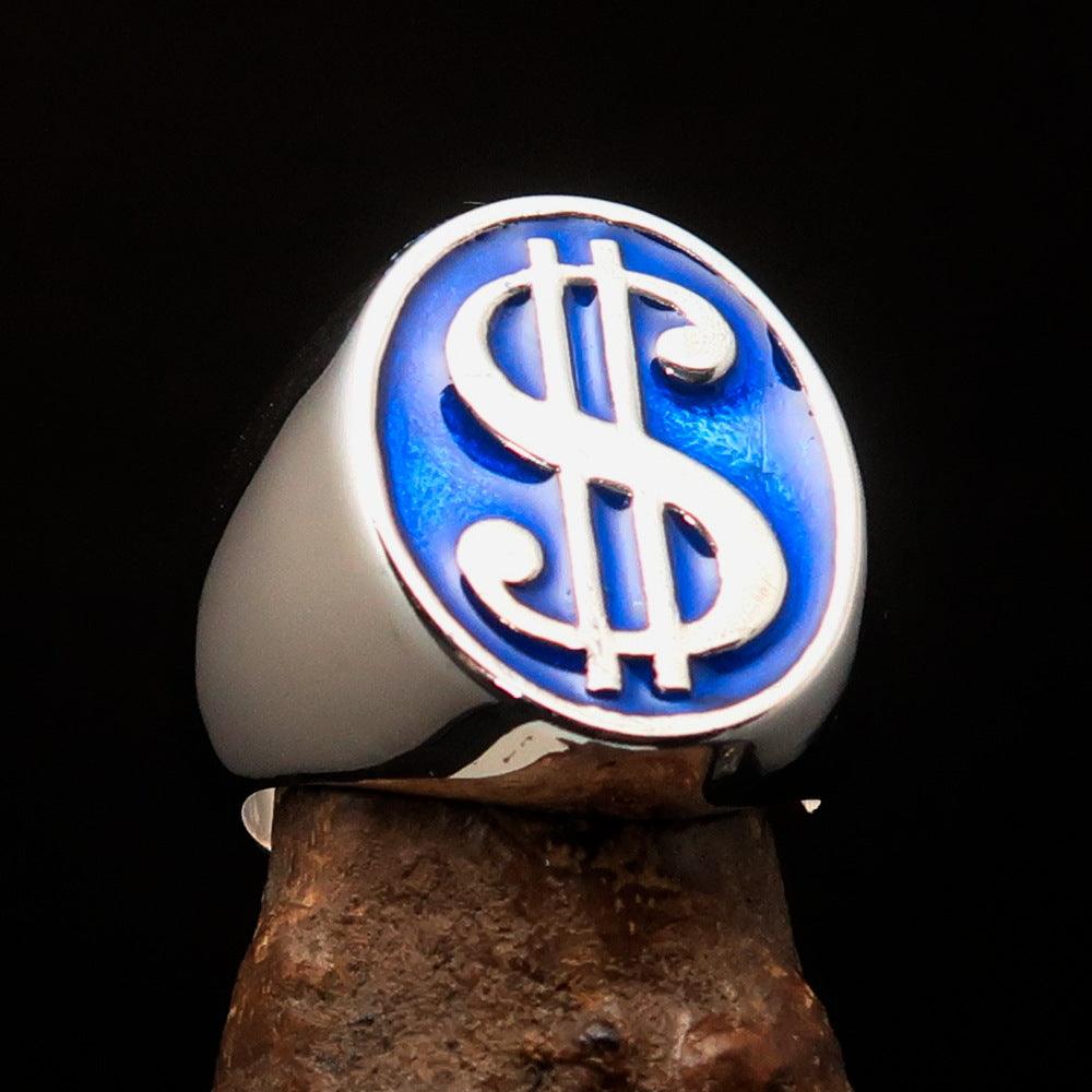 Men's sterling silver currency ring featuring a blue US Dollar symbol, high polished with enamel finish.
