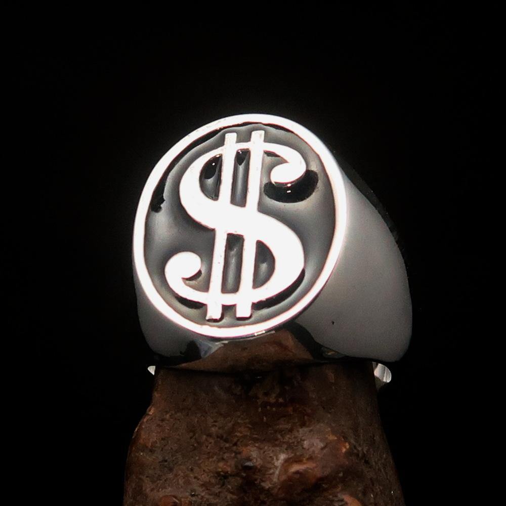 Men's Currency Ring made of solid sterling silver featuring a black USD dollar symbol, high polished with enamel finish.