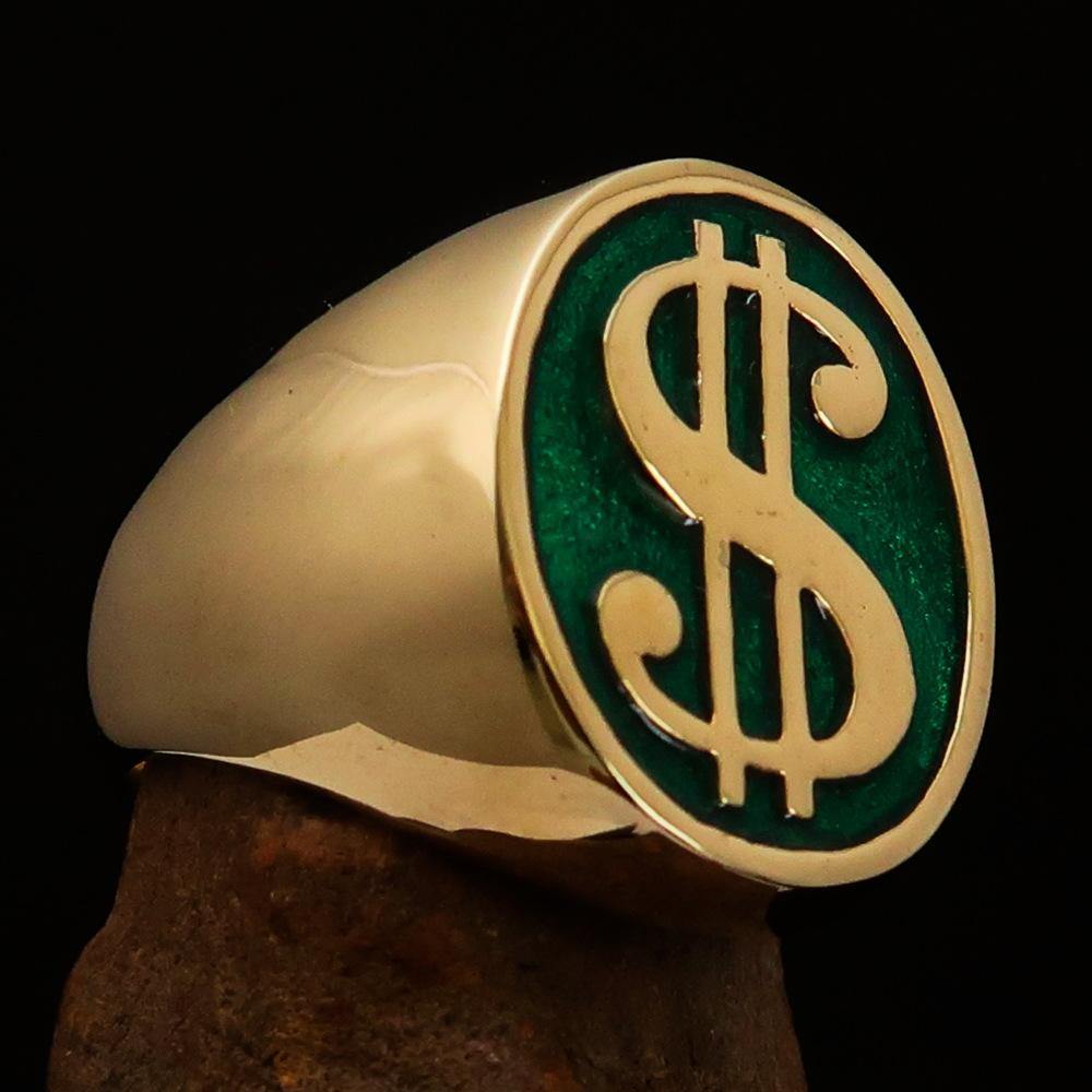 Men's Currency Ring featuring a green USD symbol, crafted from solid brass with a high-polished finish and solid back.